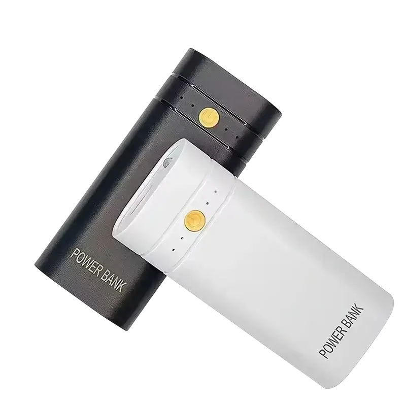 Black and white diy power bank case with usb type-c 18650 charger featuring gold circular buttons for portable charging