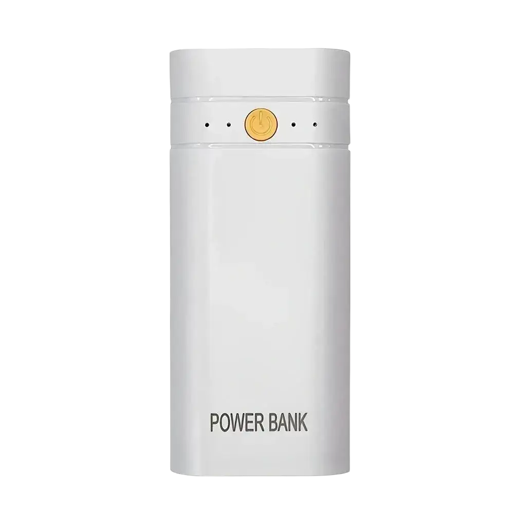 White rectangular diy power bank case usb type-c charger with gold power button and four indicator dots