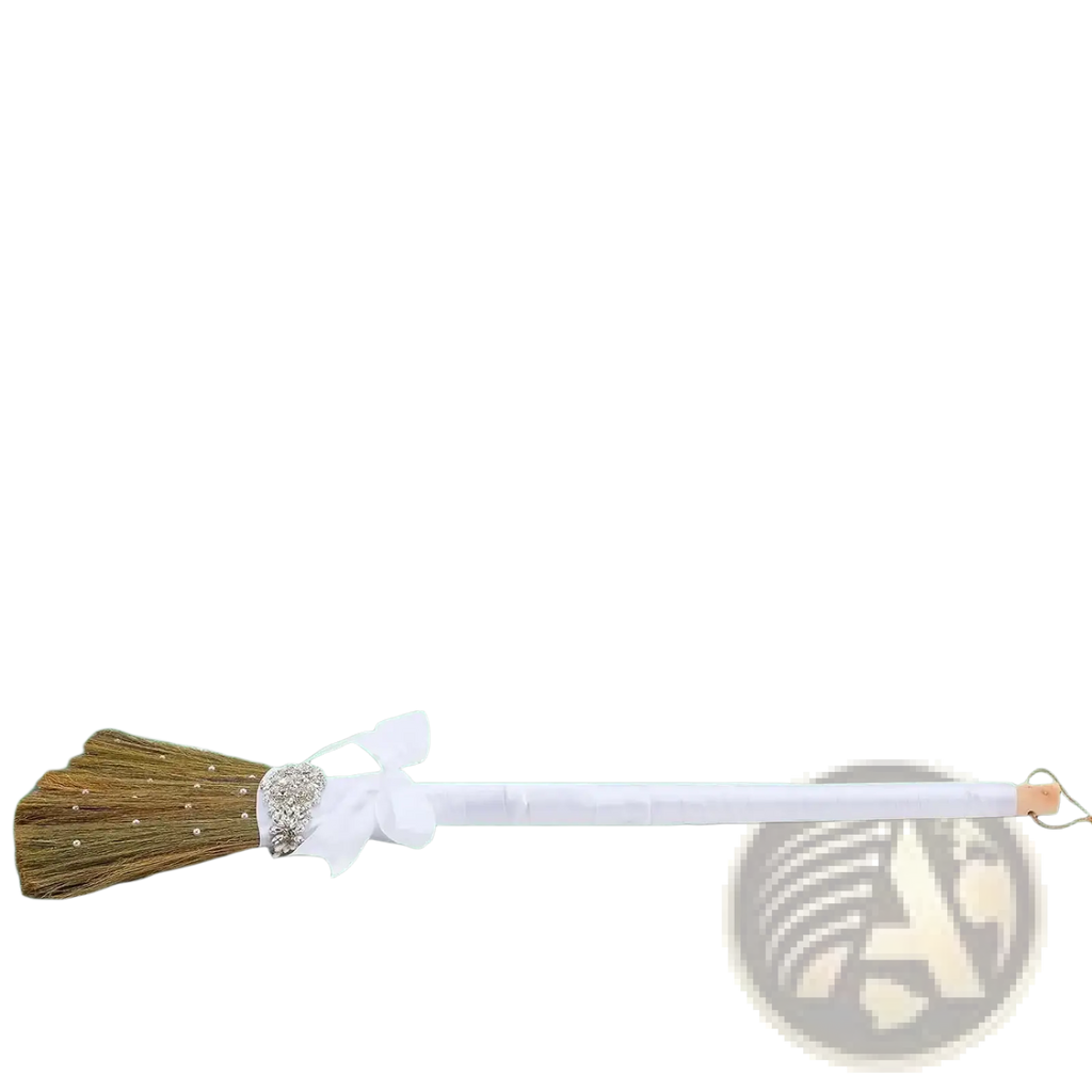 Diy wedding jumping broom with white handle brown bristles silver embellishment and delicate white bow decoration