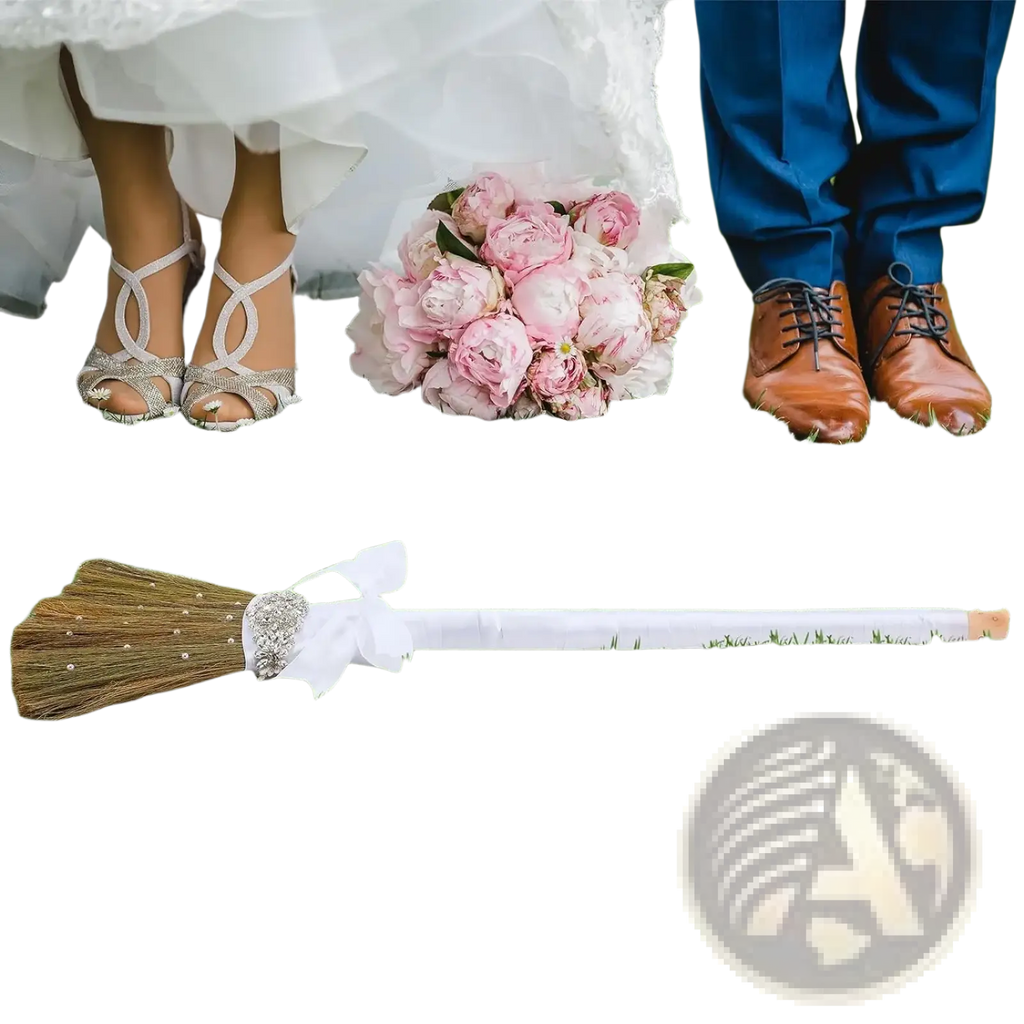 Diy wedding jumping broom with natural brown bristles white ribbon handle and ornate silver embellishment at the grip