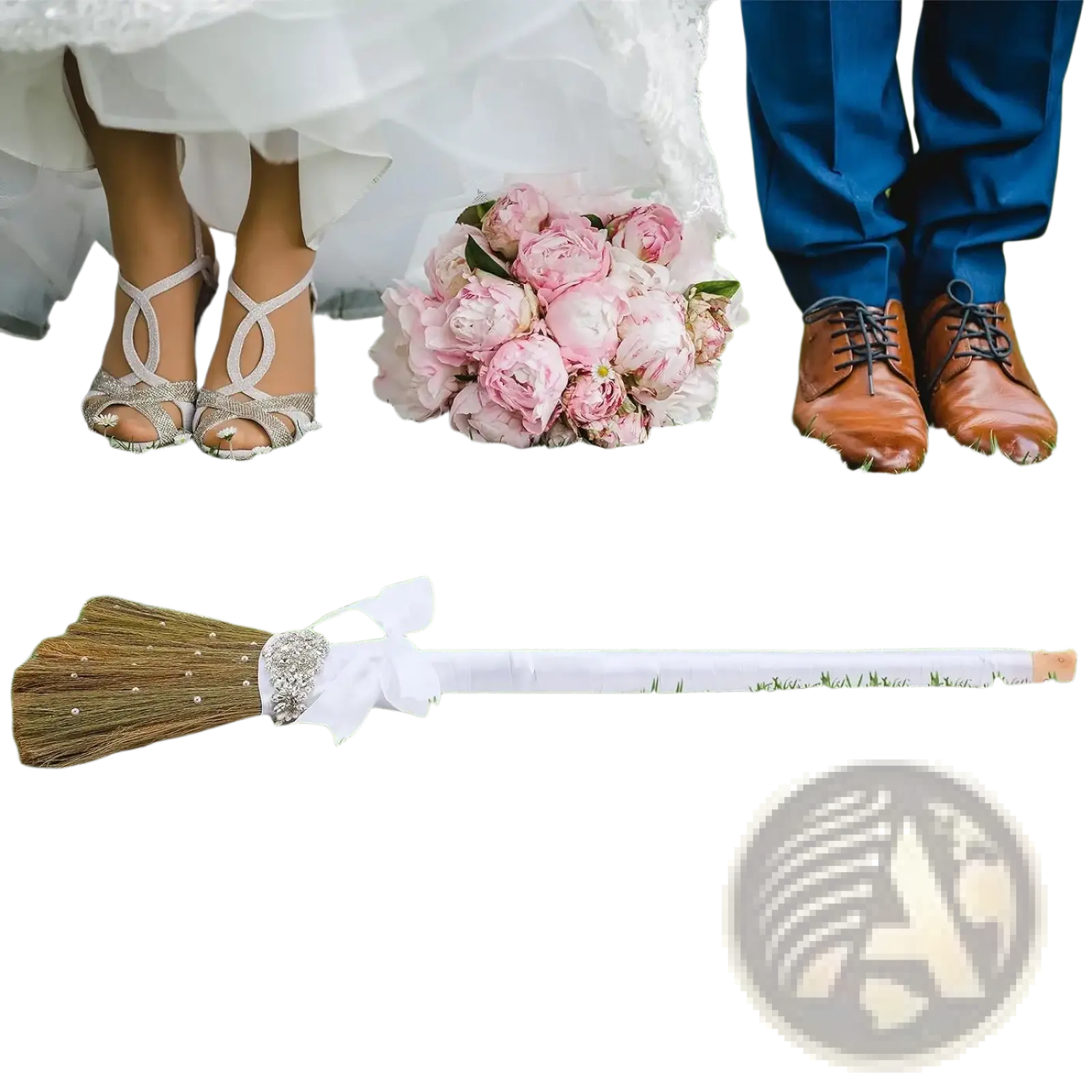 Diy wedding jumping broom with natural brown bristles white ribbon handle and ornate silver embellishment at the grip