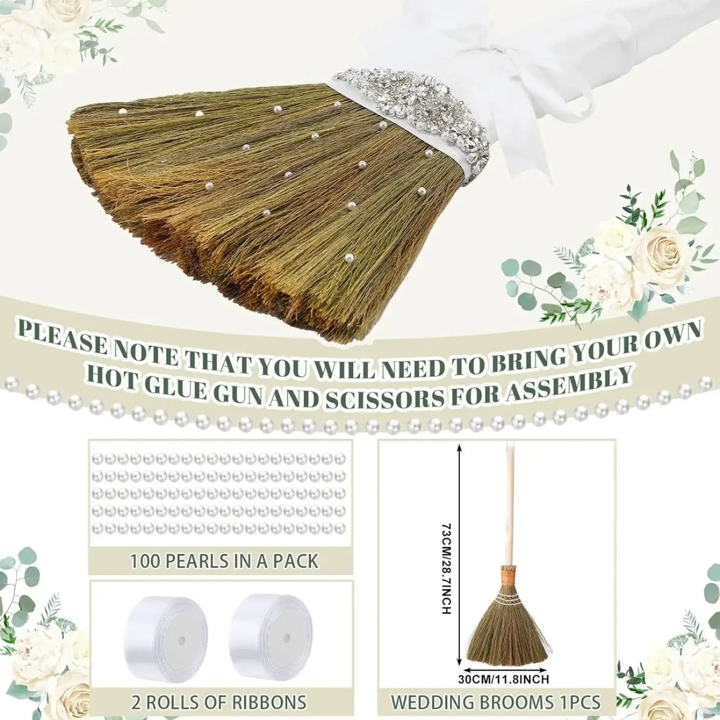 Diy wedding jumping broom with brown bristles decorated with a silver embellished band and scattered white pearls