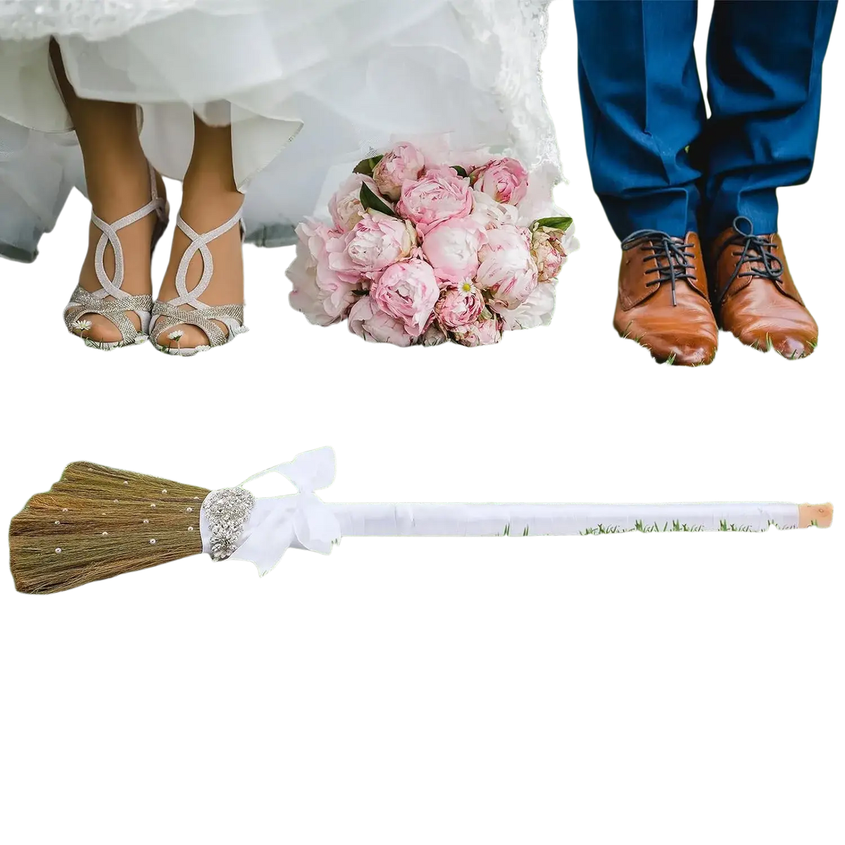 Diy wedding jumping broom with natural brown bristles white ribbon handle and ornate silver embellishment at the grip