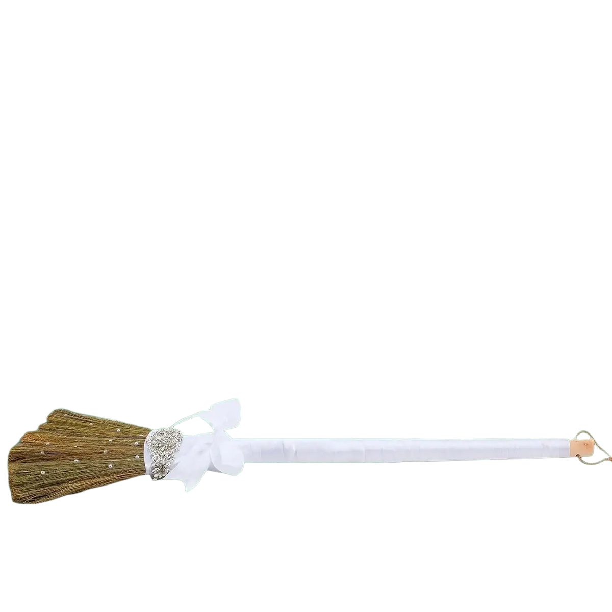 Diy wedding jumping broom with white handle brown bristles silver embellishment and delicate white bow decoration