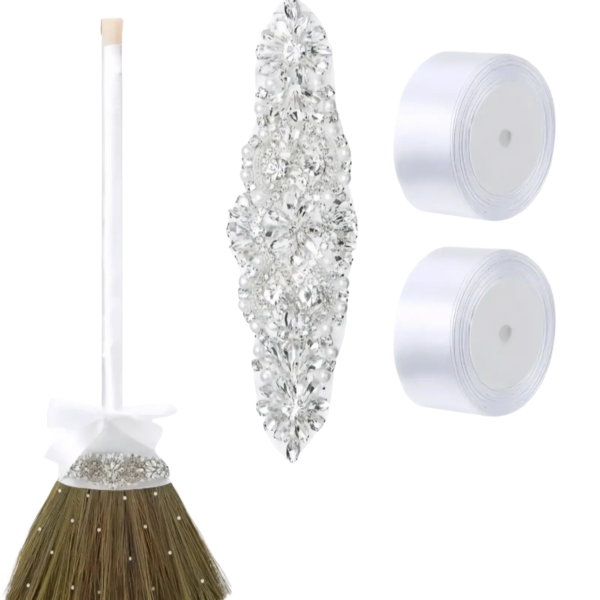 Diy wedding jumping broom with a sparkling silver rhinestone and pearl-embellished head and a white satin bow