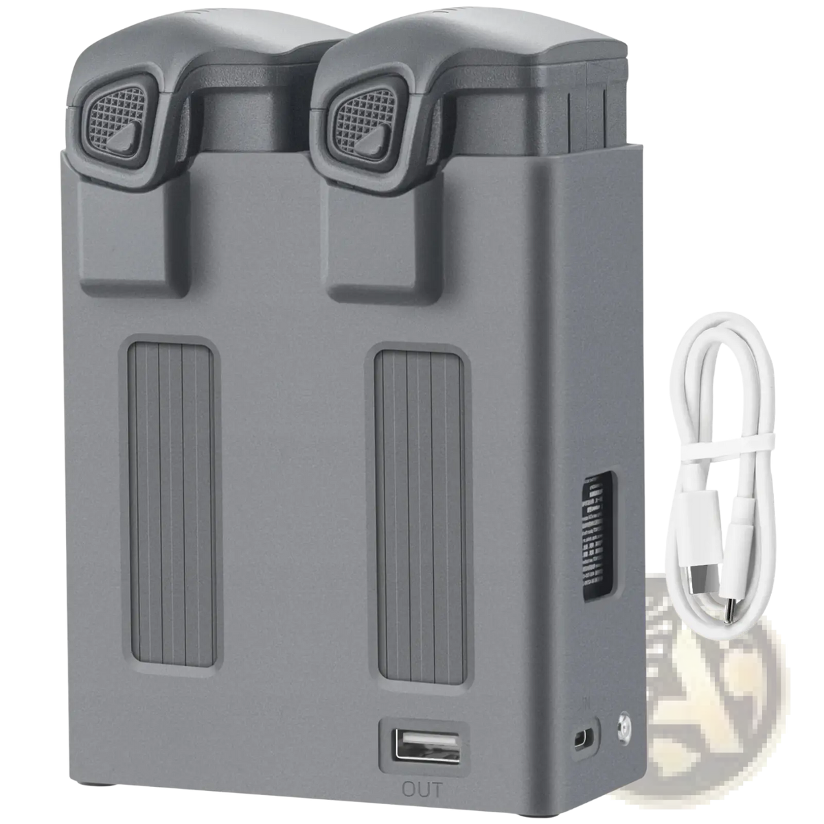 Gray dual-slot dji mavic 4 pro drone battery charger hub with integrated usb port and white charging cable included