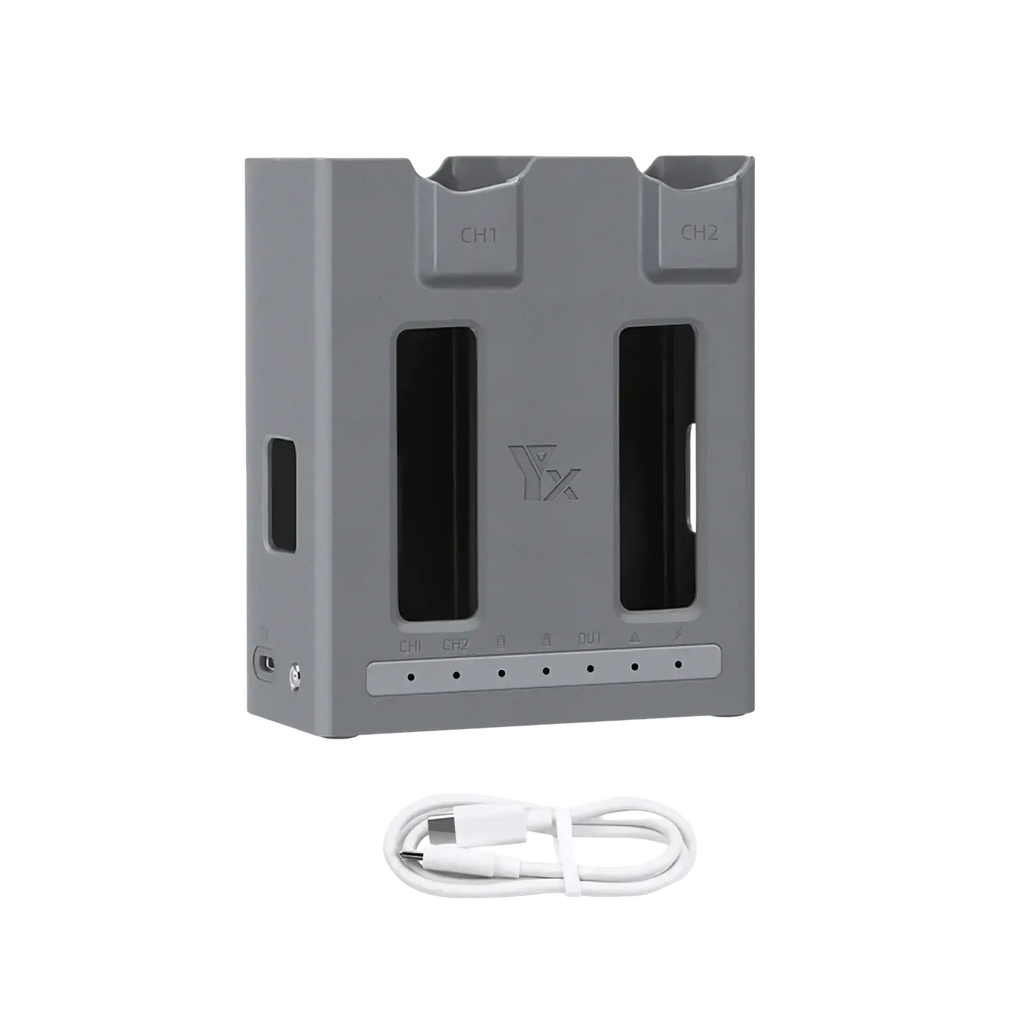 Gray USB-C dual-channel battery charger hub with two vertical slots and a white cable for Dji Mavic 4 Pro batteries