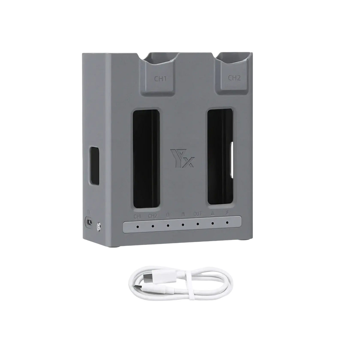 Gray USB-C dual-channel battery charger hub with two vertical slots and a white cable for Dji Mavic 4 Pro batteries