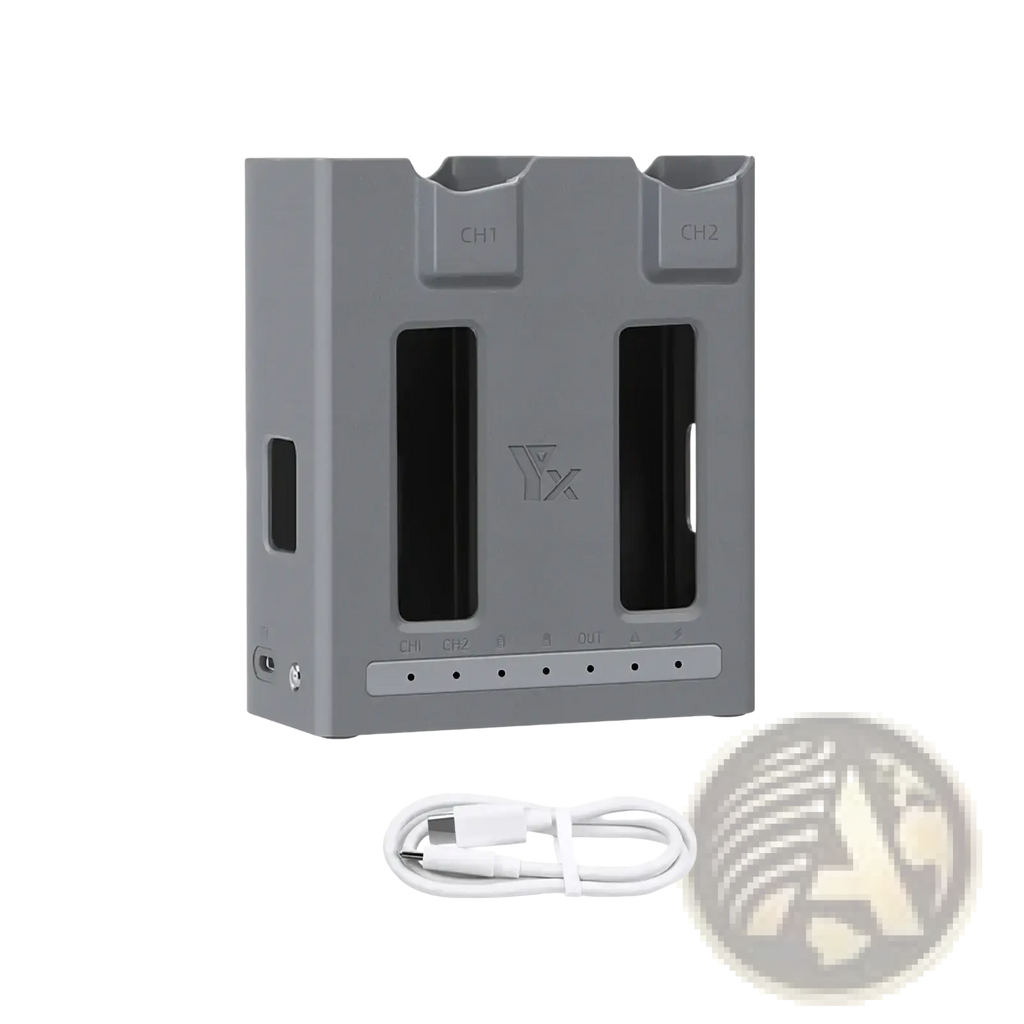 Gray USB-C dual-channel battery charger hub with two vertical slots and a white cable for Dji Mavic 4 Pro batteries