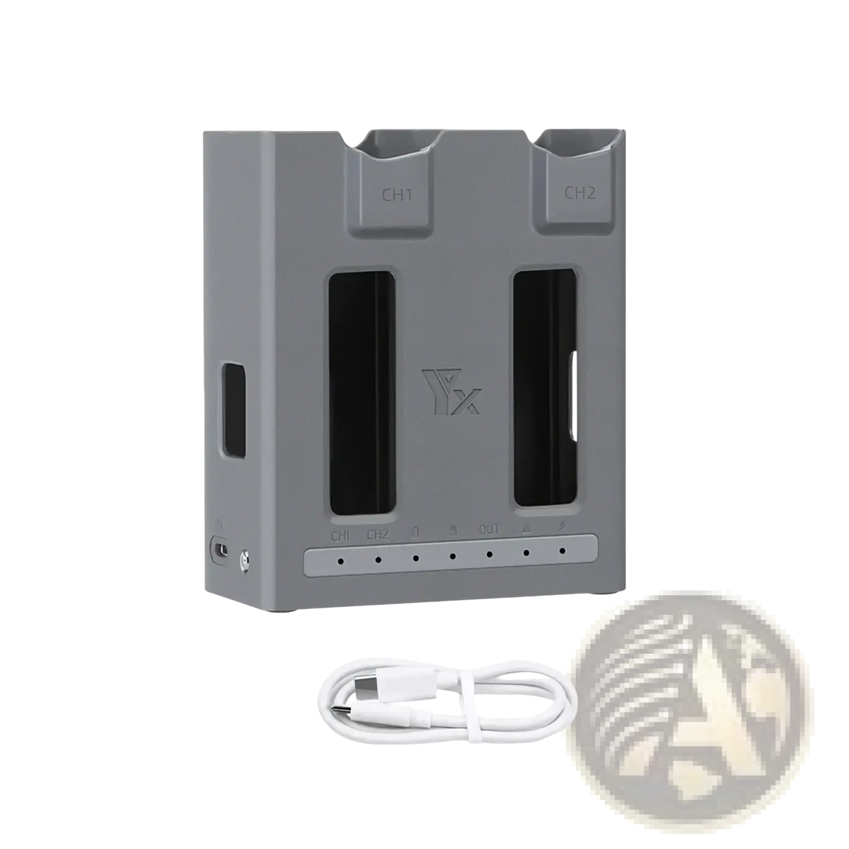 Gray USB-C dual-channel battery charger hub with two vertical slots and a white cable for Dji Mavic 4 Pro batteries