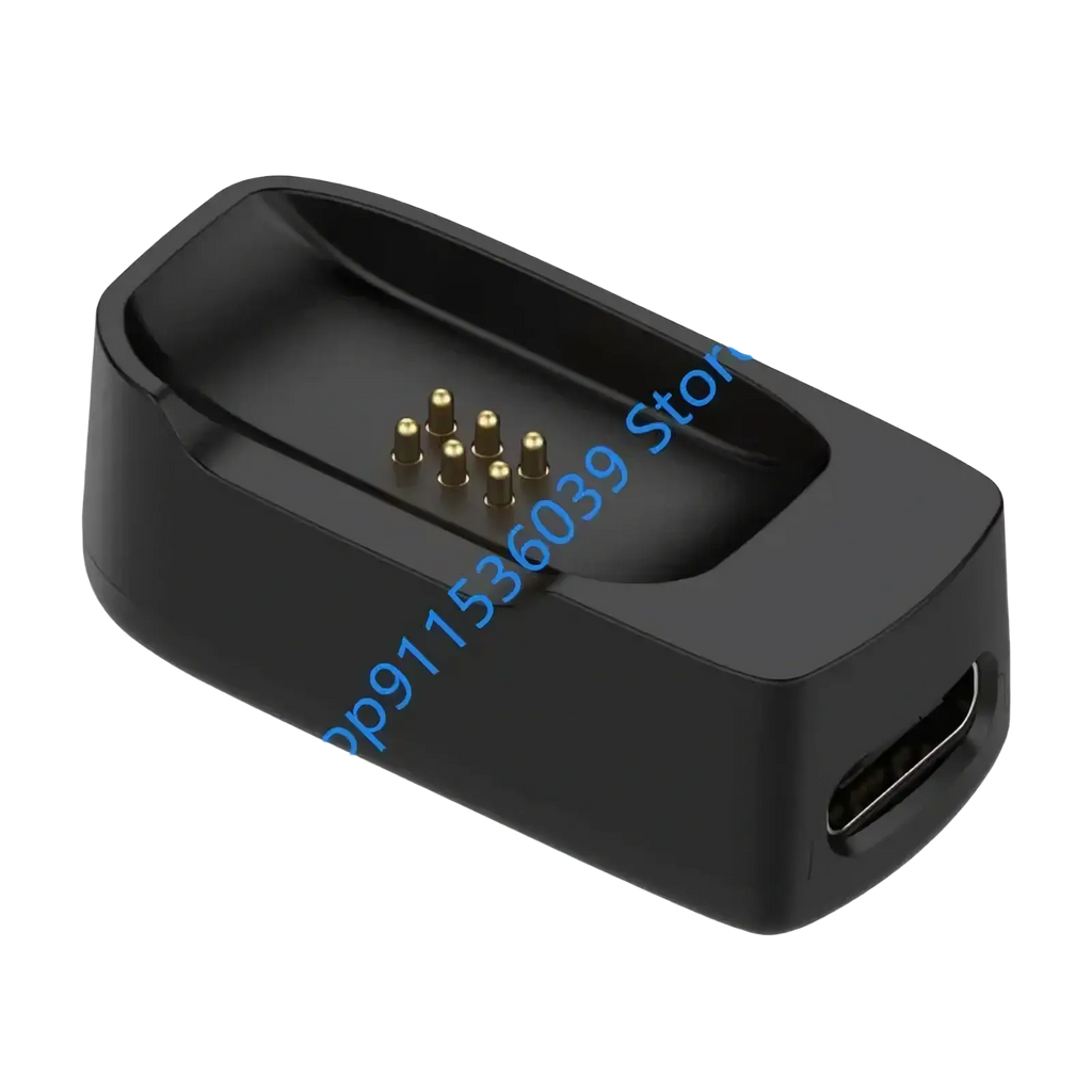 Black rectangular dji mic mini charging dock with gold contact pins and usb-c port on the side visible from back