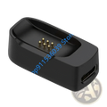 Black rectangular dji mic mini charging dock with gold contact pins and usb-c port on the side visible from back