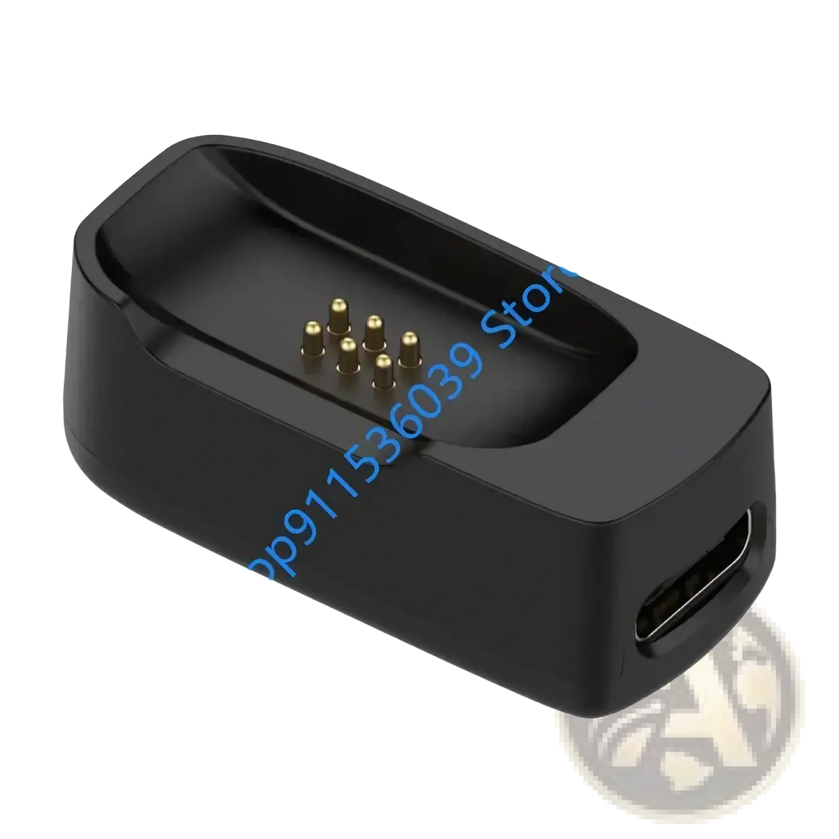 Black rectangular dji mic mini charging dock with gold contact pins and usb-c port on the side visible from back