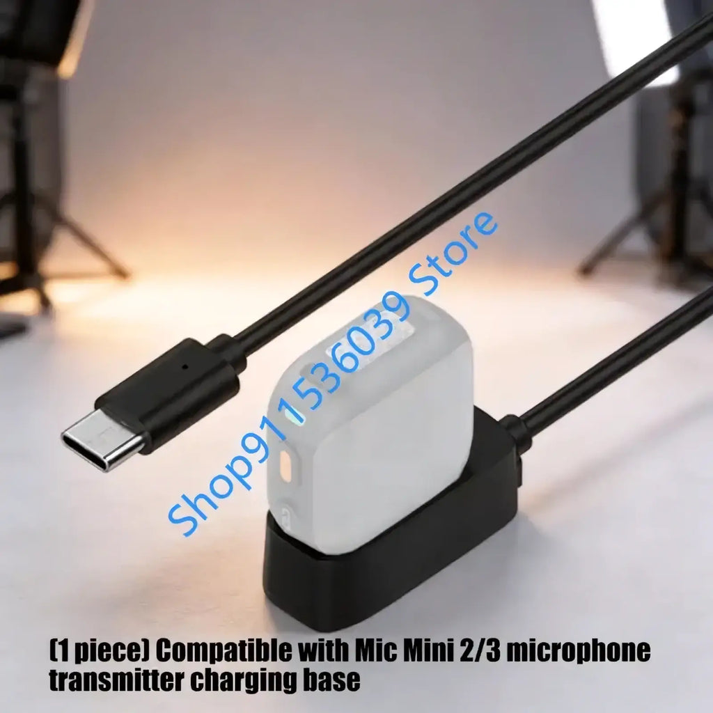White plastic dji mic mini charging dock with black usb-c cable and stand for mic mini 2 and 3 transmitters