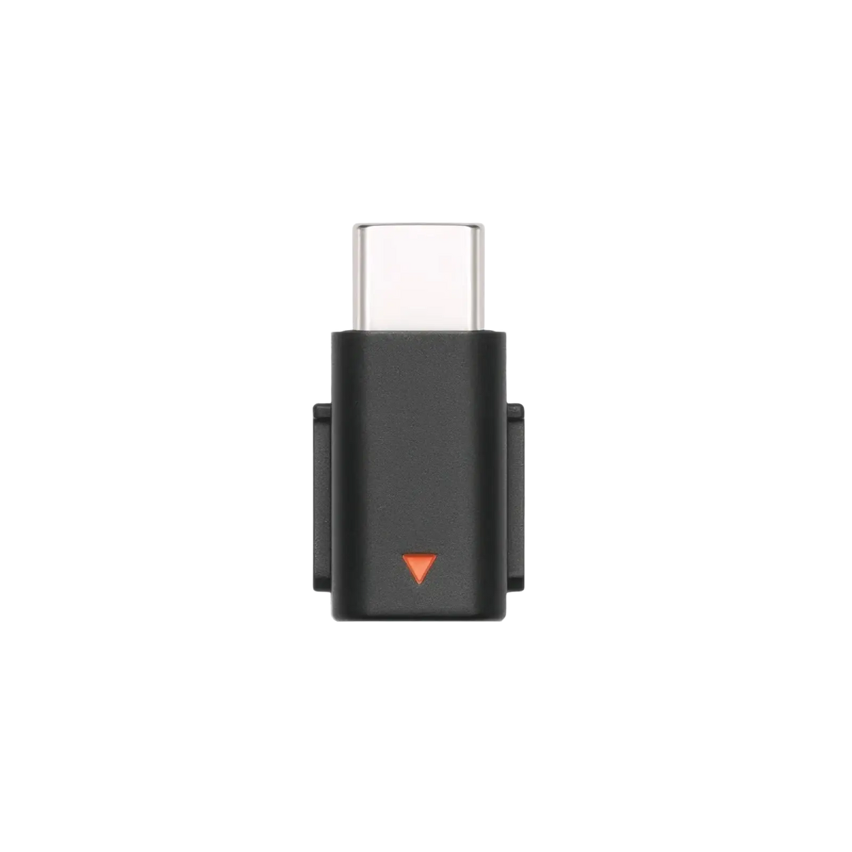 Black dji mic mini type c phone adapter with orange triangular indicator for mobile devices is shown from the back side
