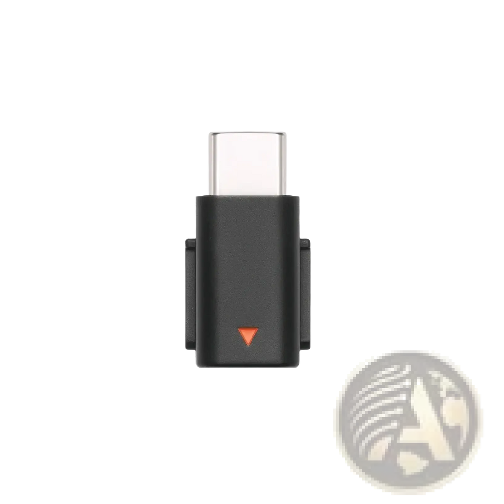 Black dji mic mini type c phone adapter with orange triangular indicator for mobile devices is shown from the back side