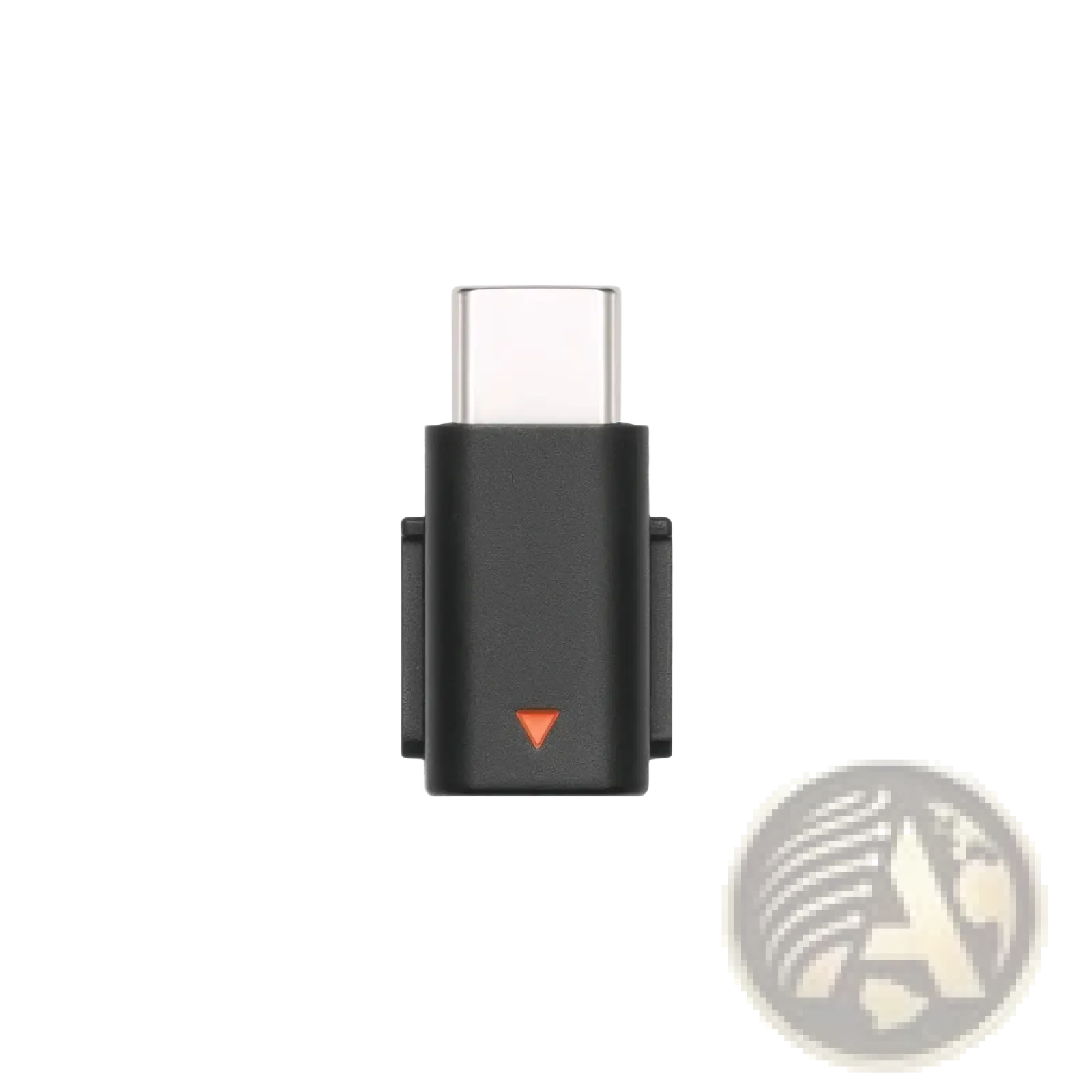 Black dji mic mini type c phone adapter with orange triangular indicator for mobile devices is shown from the back side