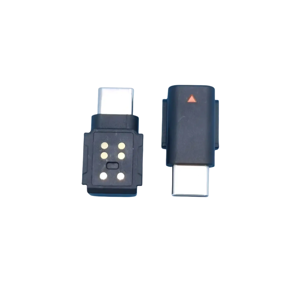 Black usb-c to usb-a adapter with matte finish and orange triangle indicator for dji mic mini type c phone adapter