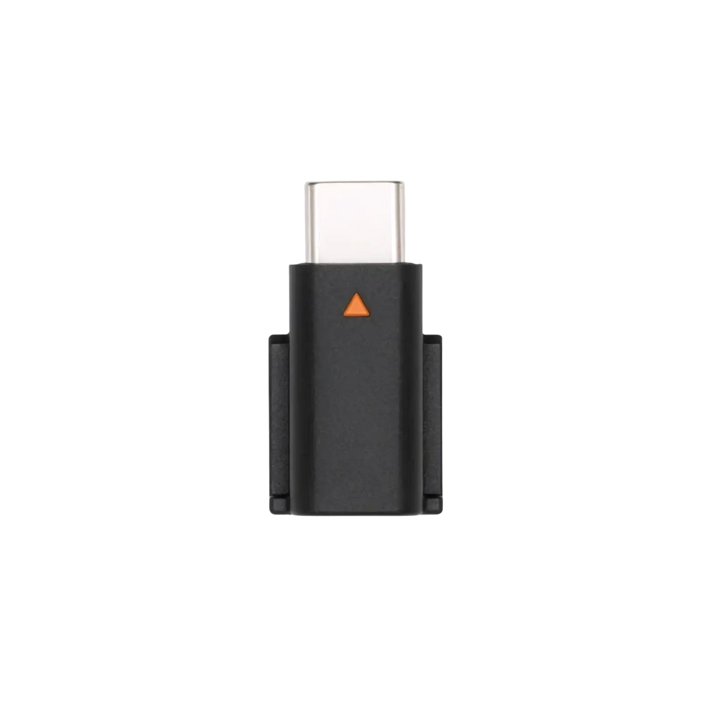 Dji mic mini type c phone adapter black usb-c to hdmi adapter with silver connector and orange triangle indicator