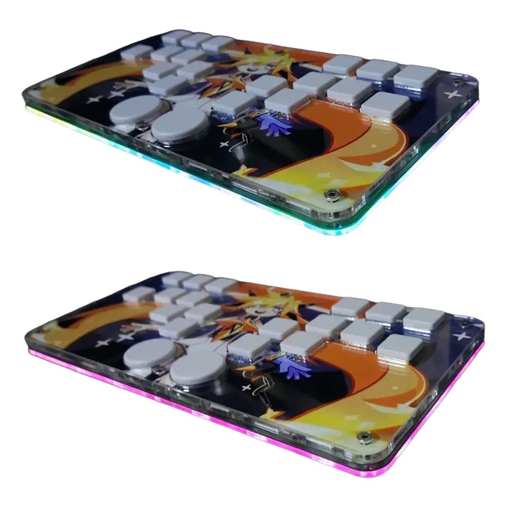 Djmax mechanical gaming keyboard with clear acrylic white keycaps vibrant anime design colorful led lights and left joystick moves