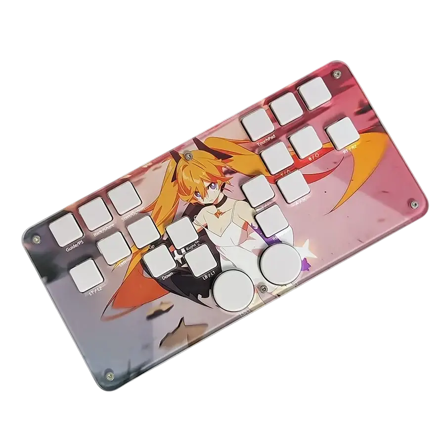 Djmax mechanical gaming keyboard in pink and white with left joystick support and vibrant orange-haired character illustration