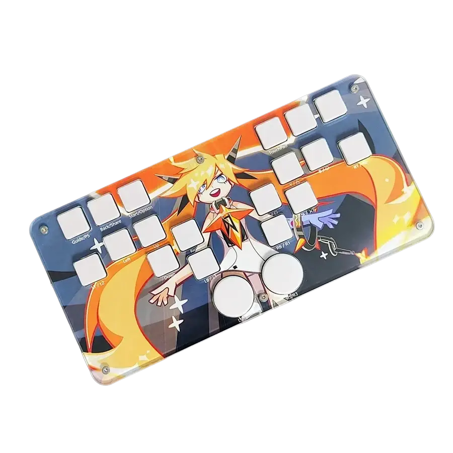 Djmax mechanical gaming keyboard with left joystick support featuring vibrant transparent acrylic and orange blue anime design with joystick moves data cable