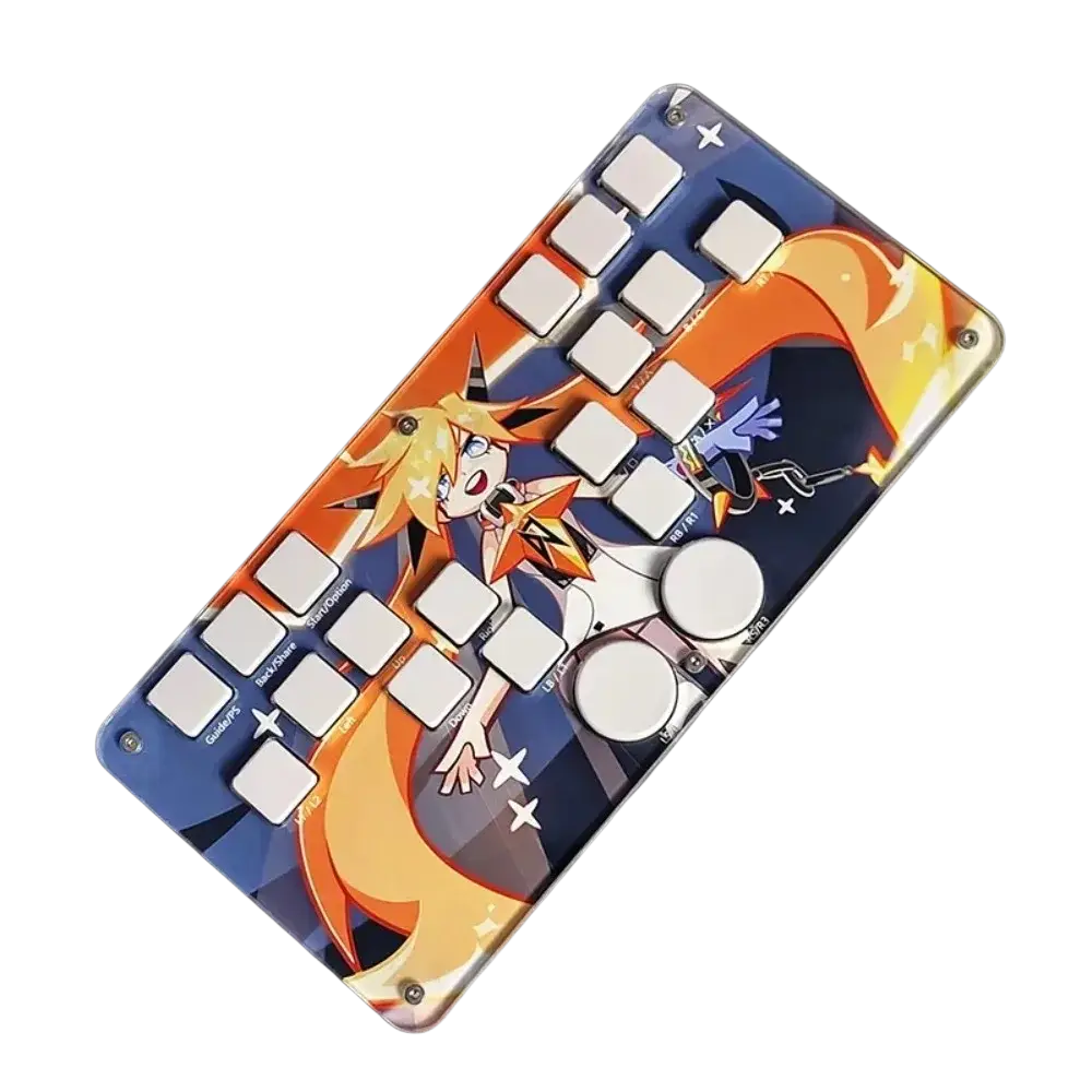 Djmax mechanical gaming keyboard with left joystick features glossy blue and orange design white keys and joystick moves support