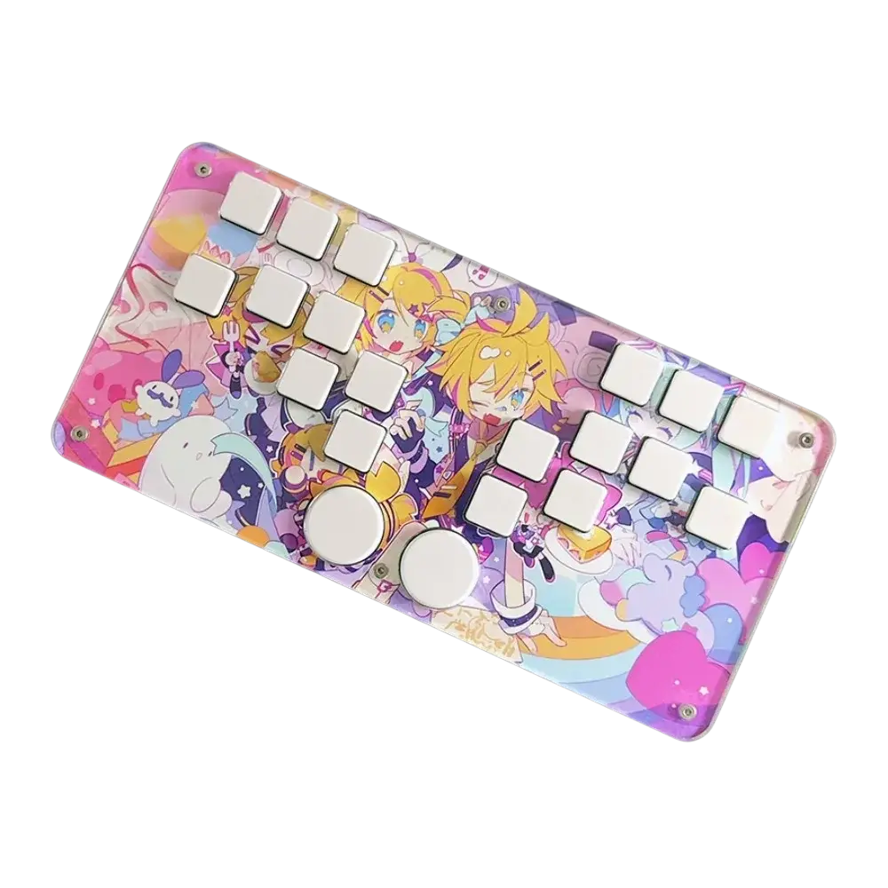 A vibrant anime-themed djmax mechanical gaming keyboard with colorful pink and purple design and left joystick support for joystick moves