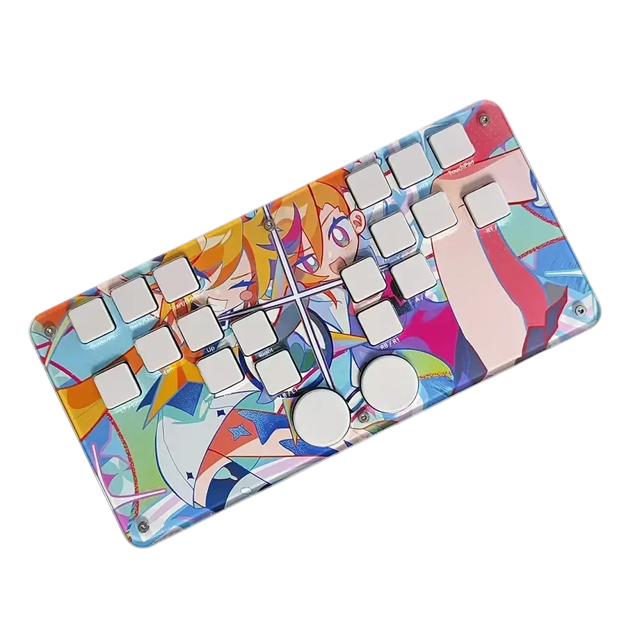A vibrant djmax mechanical gaming keyboard with white keycaps, colorful glossy finish, and left joystick for joystick moves
