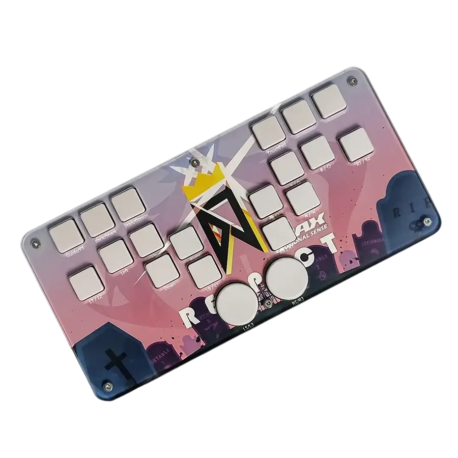 Djmax mechanical gaming keyboard with vibrant pink and purple gradient left joystick and white square buttons with joystick moves support