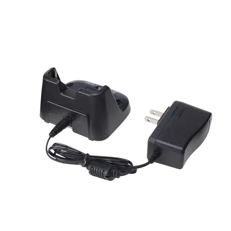 Black plastic dock charger with integrated power adapter and coiled cable for icom bp-265 li-ion battery