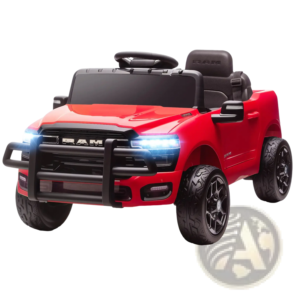 Red dodge ram 3500 kids ride on car 12v electric toy truck with black accents and illuminated headlights
