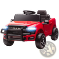 Red dodge ram 3500 kids ride on car 12v electric toy truck with black accents and illuminated headlights