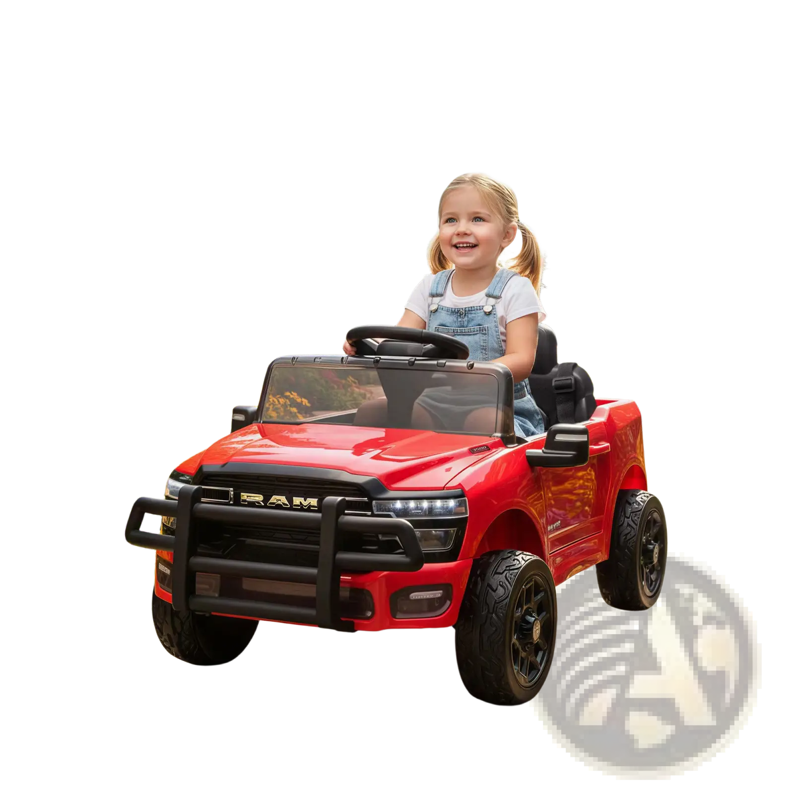 Red dodge ram 3500 kids ride on car 12v electric toy truck with black grille wheels and ram logo on front
