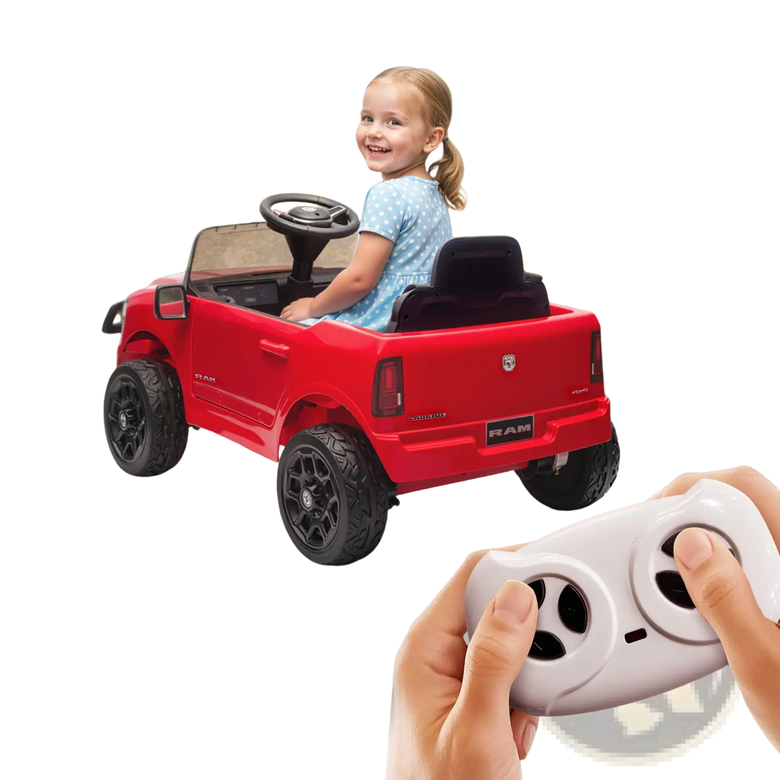 Red dodge ram 3500 kids ride on car with 12v electric motor black wheels steering wheel and ram logo on side