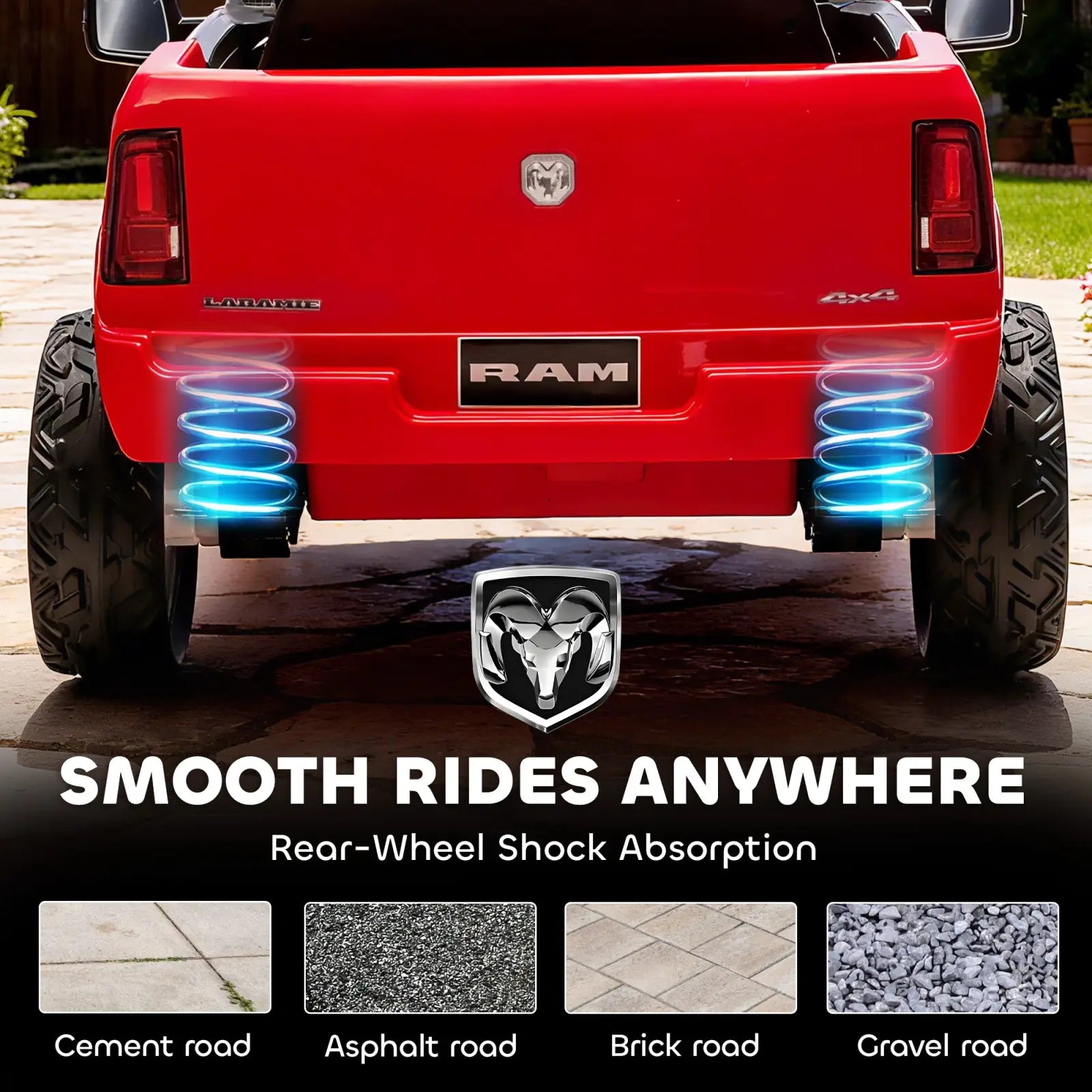 Red dodge ram 3500 kids ride on car 12v electric truck with illuminated blue coil springs and chrome ram head emblem