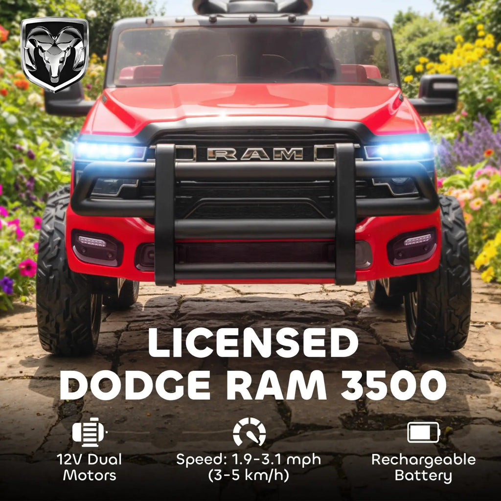 Red licensed Dodge Ram 3500 kids ride on car 12v electric toy with black grille and LED lights for children
