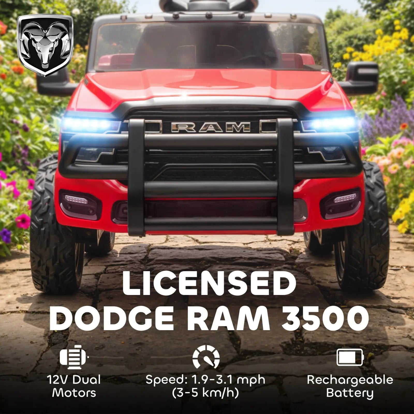 Red licensed Dodge Ram 3500 kids ride on car 12v electric toy with black grille and LED lights for children