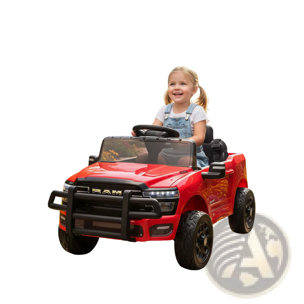 Red dodge ram 3500 kids ride on car 12v electric toy truck with black grille wheels and ram logo on front