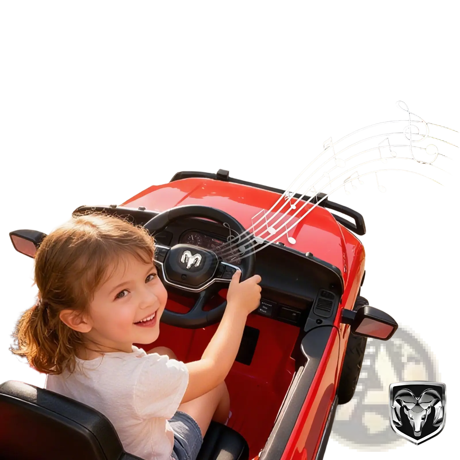 Red dodge ram 3500 kids ride on car 12v electric toy with black steering wheel and side mirrors on the dashboard
