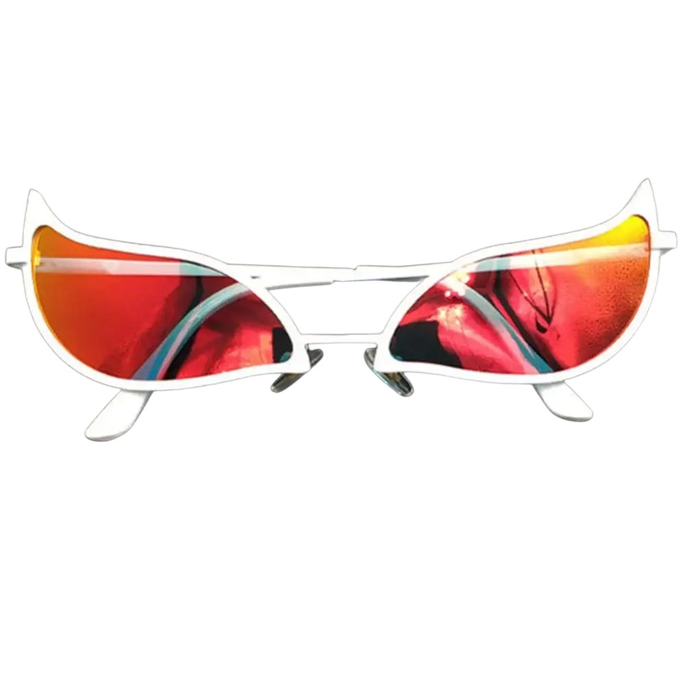 White-framed doflamingo cosplay glasses with vibrant red and orange mirrored lenses made of donquixote pvc for anime cosplay