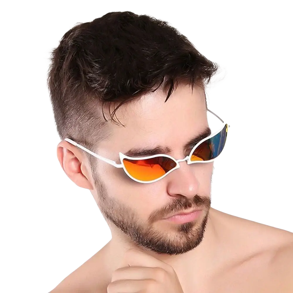 White-framed cat-eye doflamingo cosplay glasses with gradient orange and blue mirrored donquixote pvc lenses
