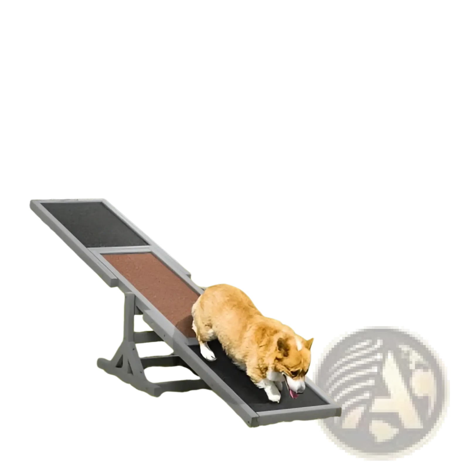 Gray and brown wooden dog agility seesaw training equipment with a corgi demonstrating use on the ramp