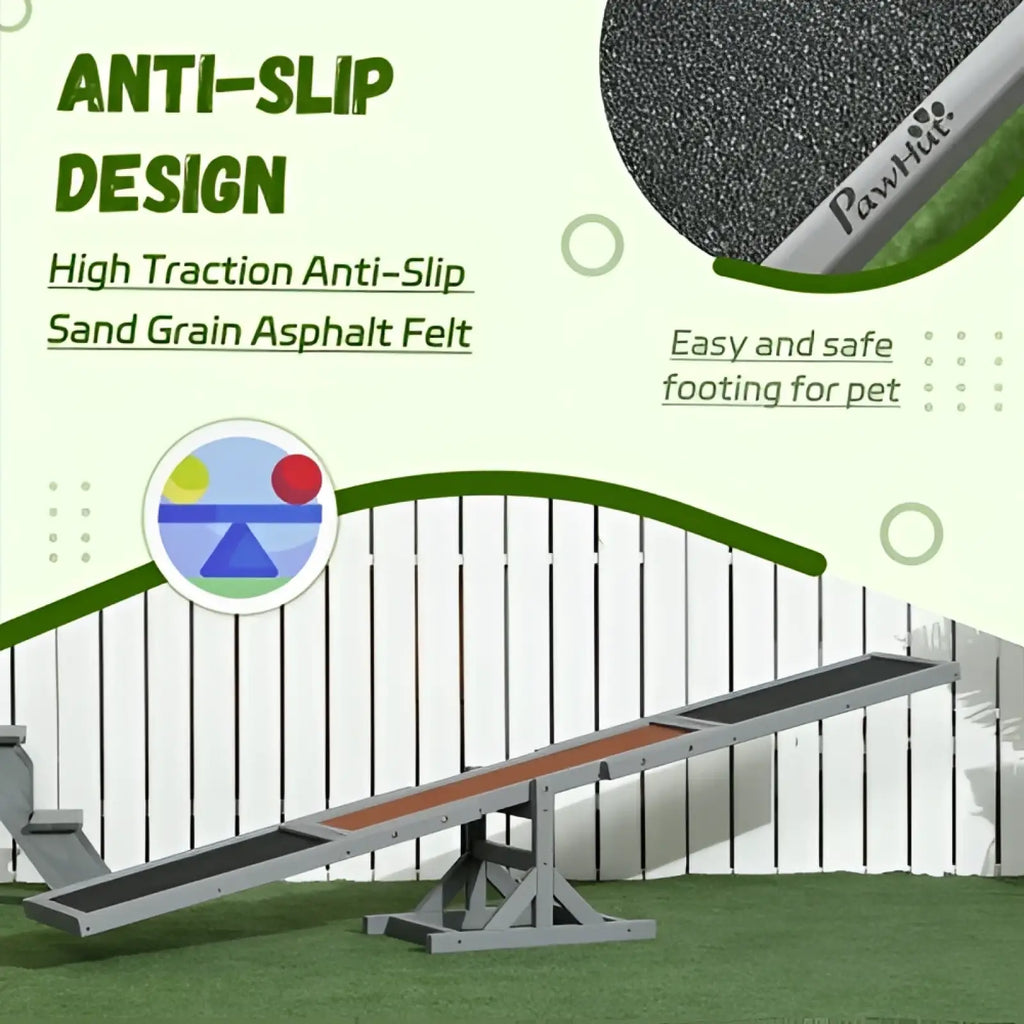 Gray metal dog agility seesaw with sand grain asphalt felt surface for pet safety and training use