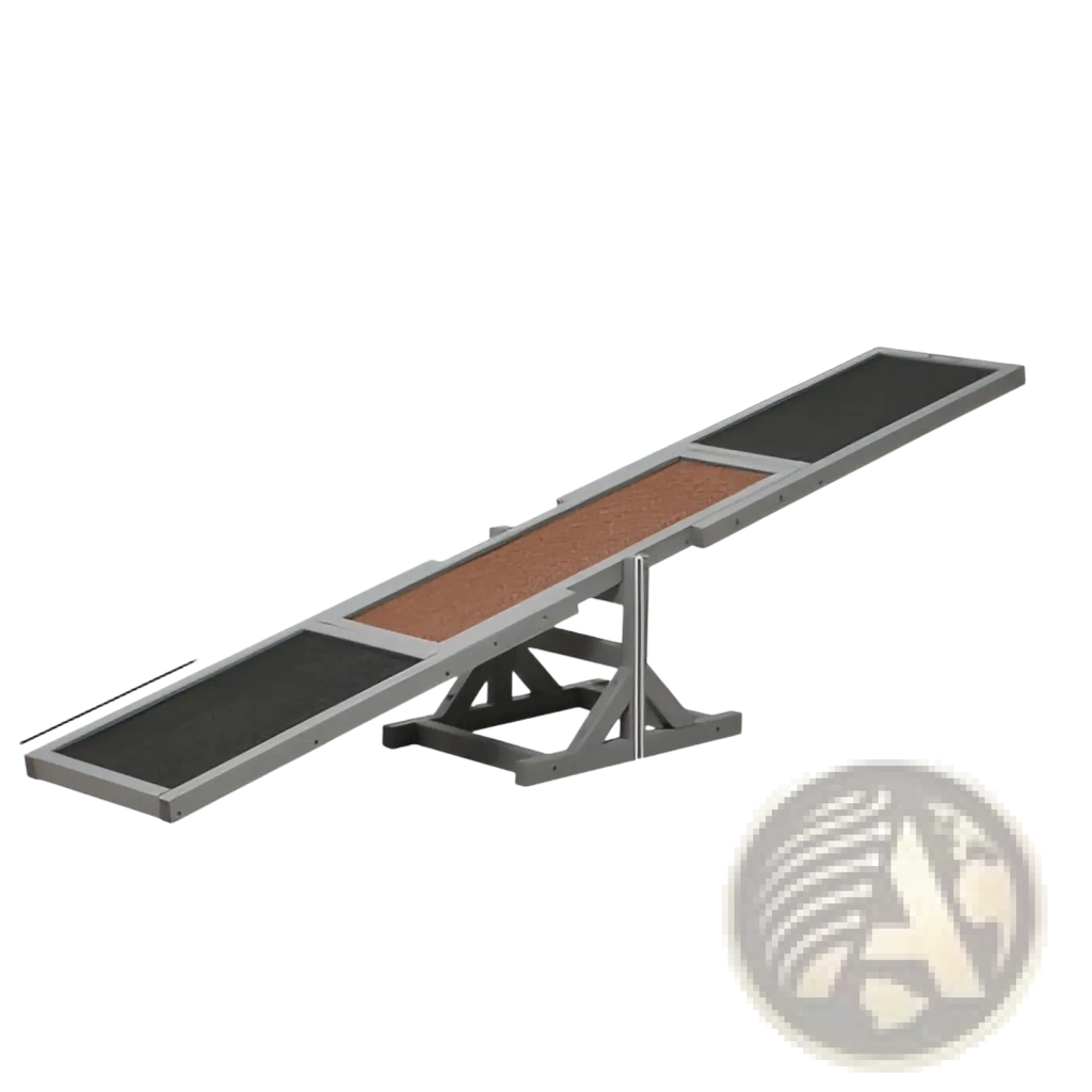 Gray metal dog agility seesaw with black and brown textured surfaces for training and exercise use