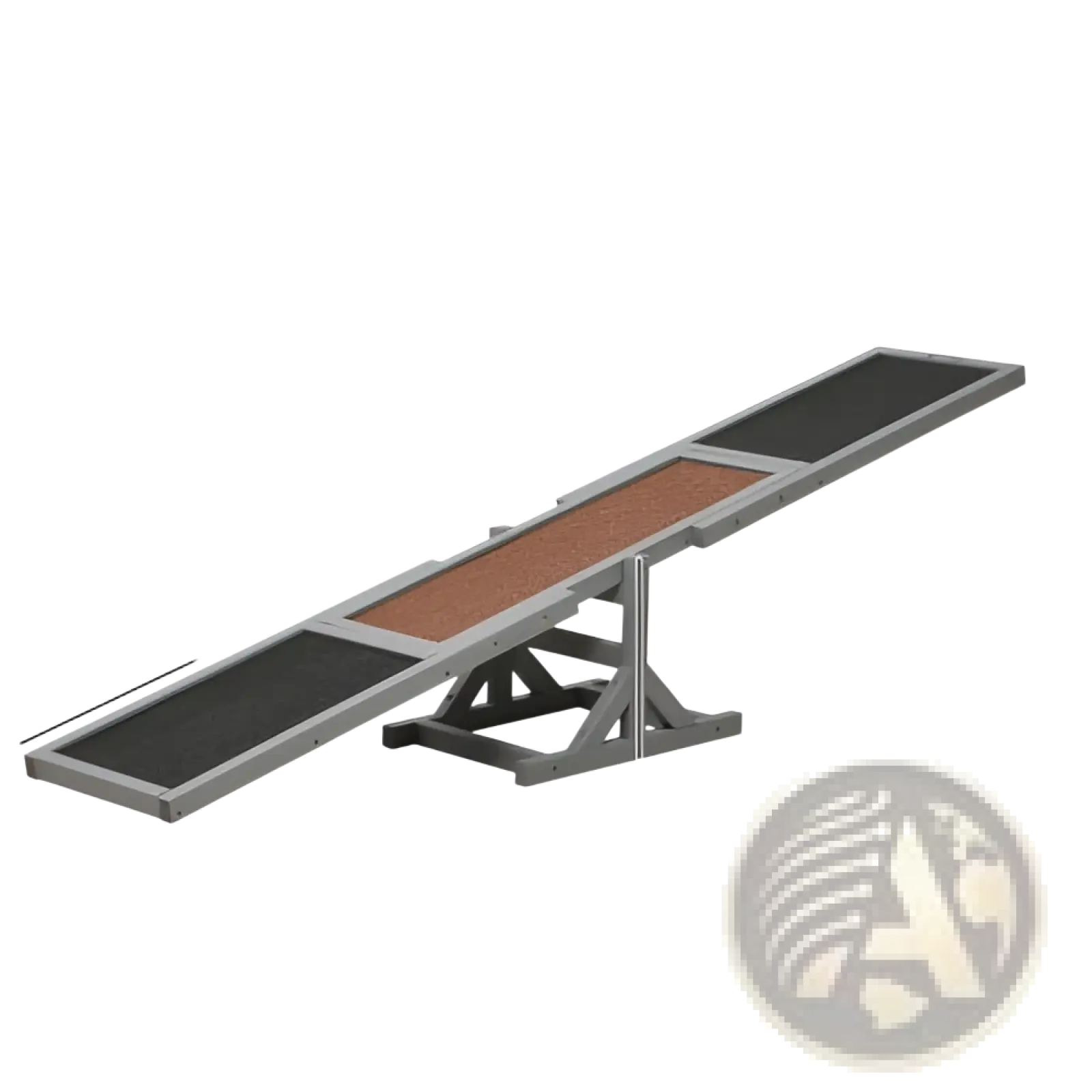 Gray metal dog agility seesaw with black and brown textured surfaces for training and exercise use