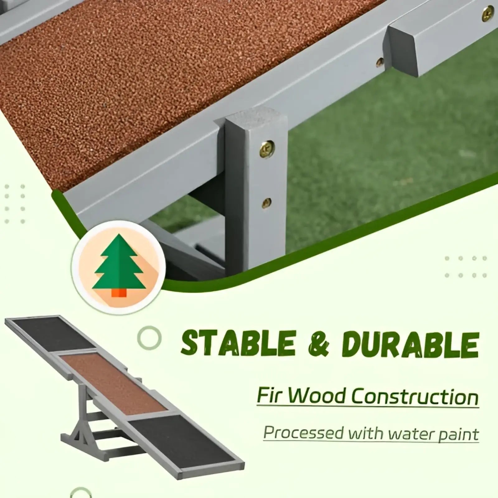 Gray metal-framed dog agility seesaw training ramp with brown textured rubber surface and fir wood construction