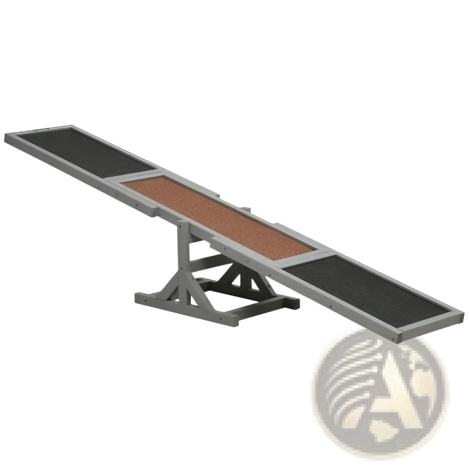 Gray metal dog agility seesaw with black and brown textured panels for training equipment use