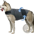 Gray fabric dog anxiety jacket with black adjustable straps and breathable design shown from the back side