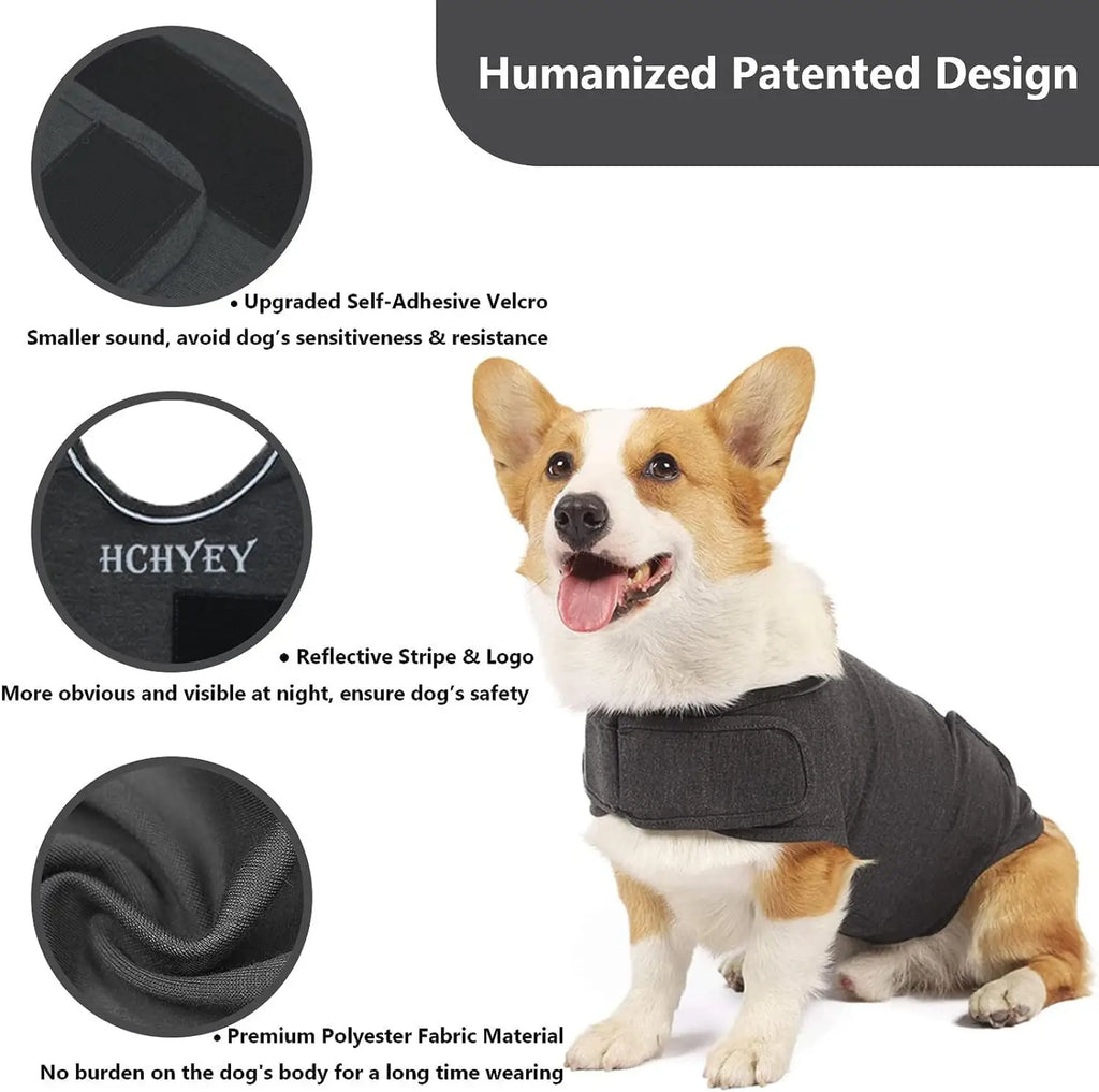 Black hchyey branded dog anxiety jacket with breathable fabric and reflective stripe for nighttime safety visible from back side